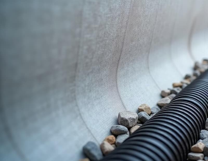 Géotextile, gravier drainant et drain perforé au dos d'un mur de soutènement en cours de réalisation